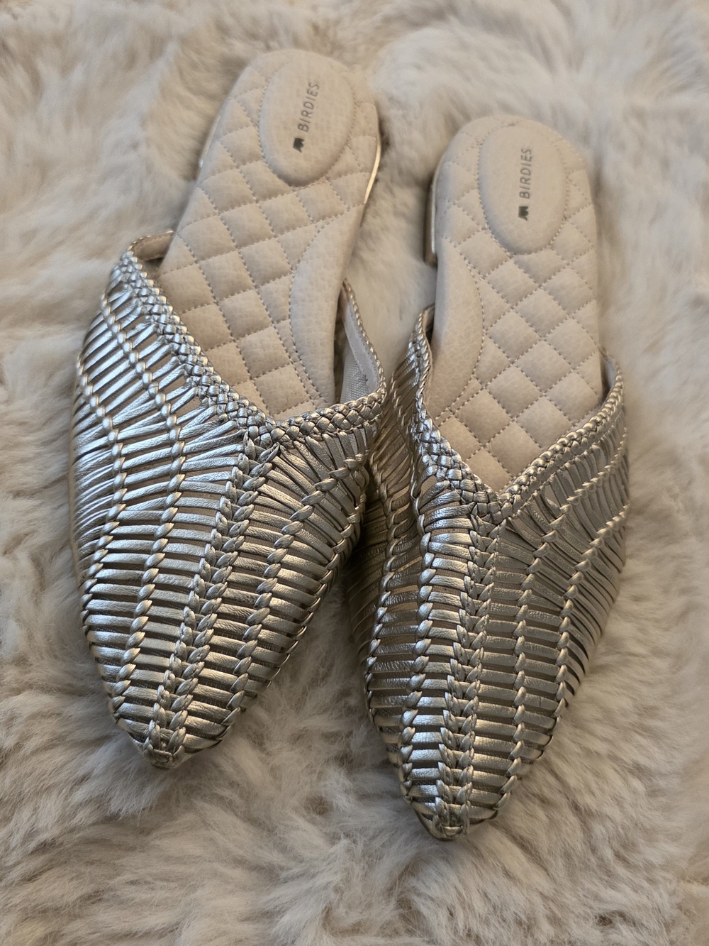 Birdies Metallic Silver Woven Pointed Mules